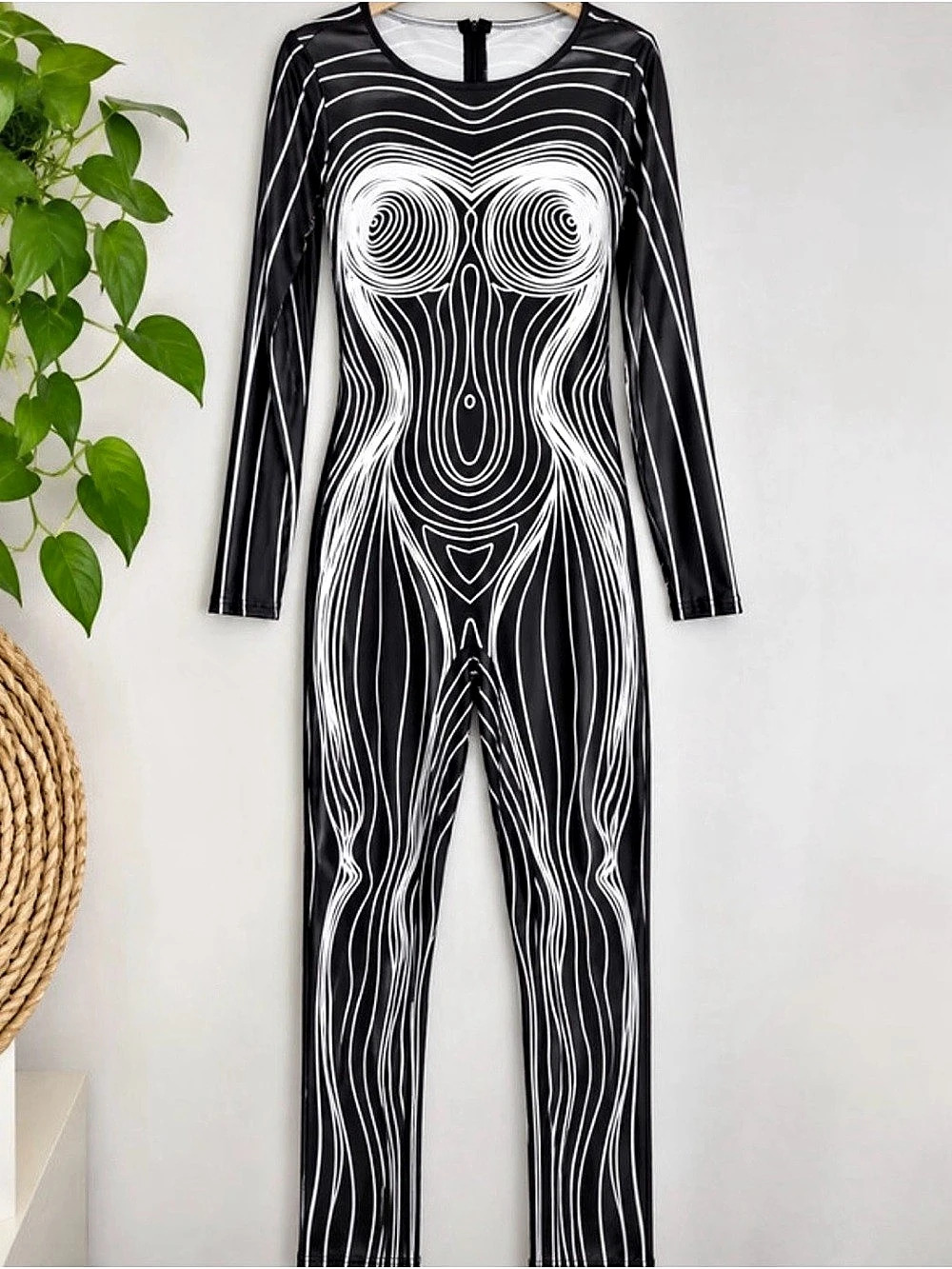 KIZN Illusion Print Long Sleeve Mesh Bodysuit With Optical Swirl Stripe Pattern